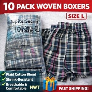 JupiterSecret 10 Pack Woven Boxers Size L Plaid Cotton Blend NIP